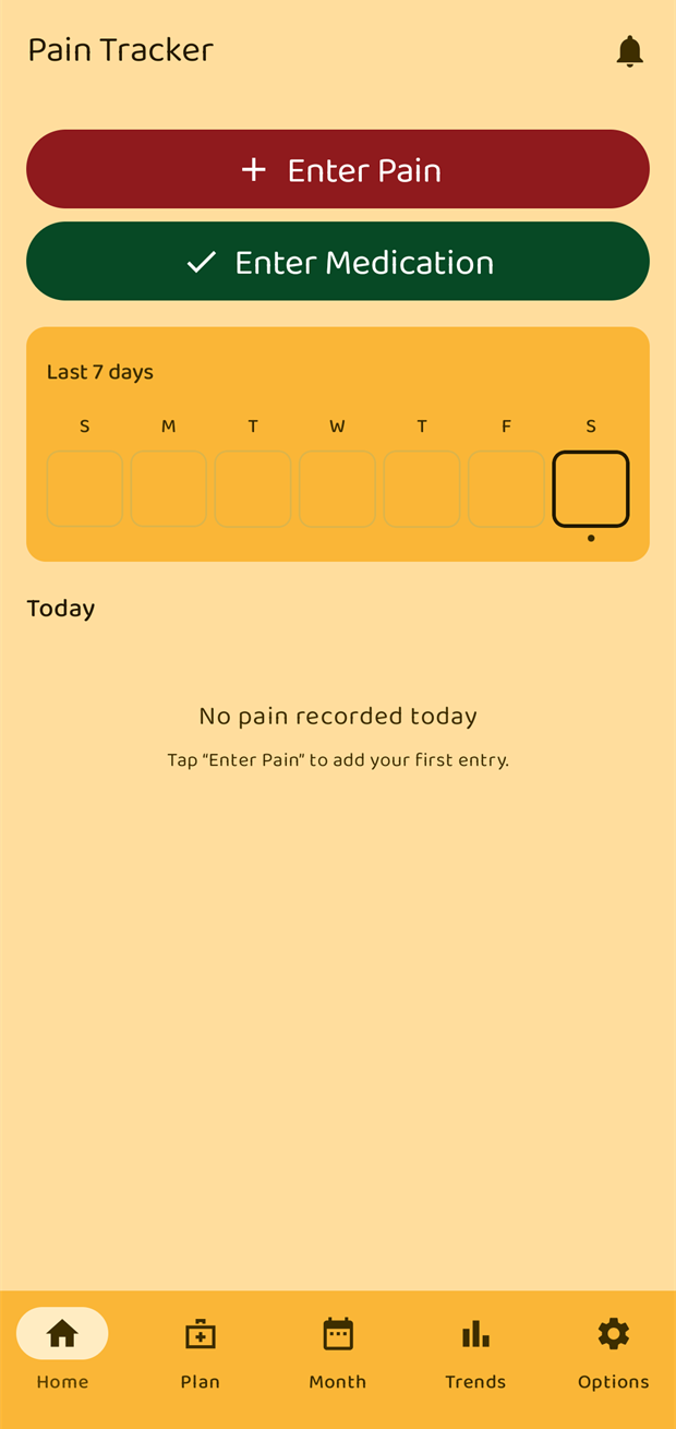 The Home screen before anything has been logged