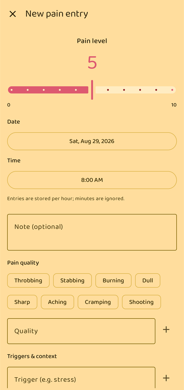 The empty New pain entry form