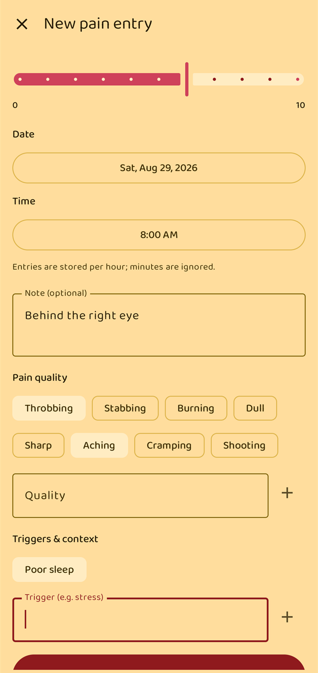 A filled-in pain entry with qualities and a trigger