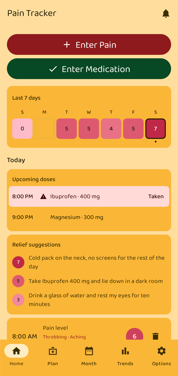The Relief suggestions card on the Home screen