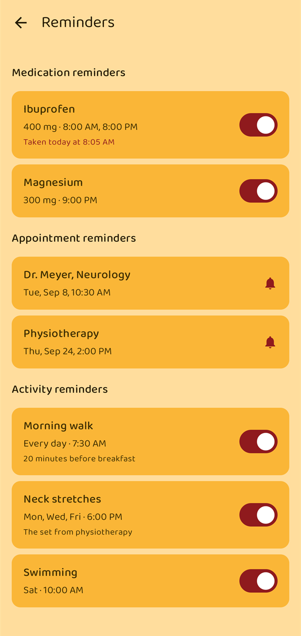 The reminders overview listing medication, appointment and activity reminders