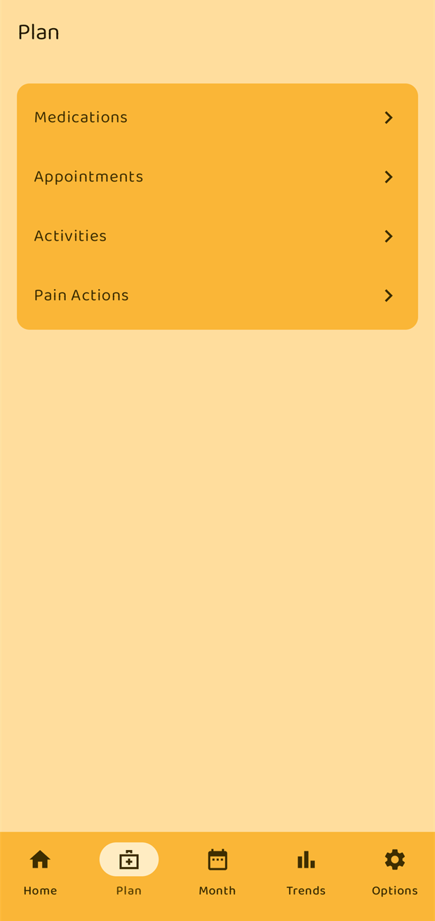 The Plan tab listing Medications, Appointments, Activities and Pain Actions