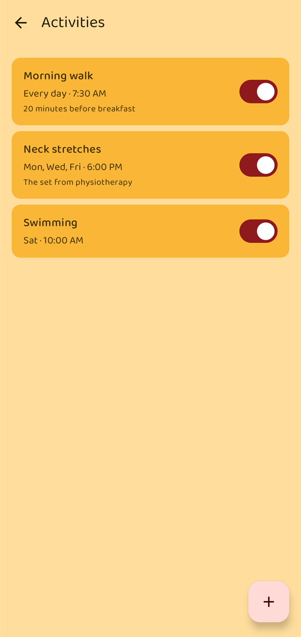 The activities list with three habits