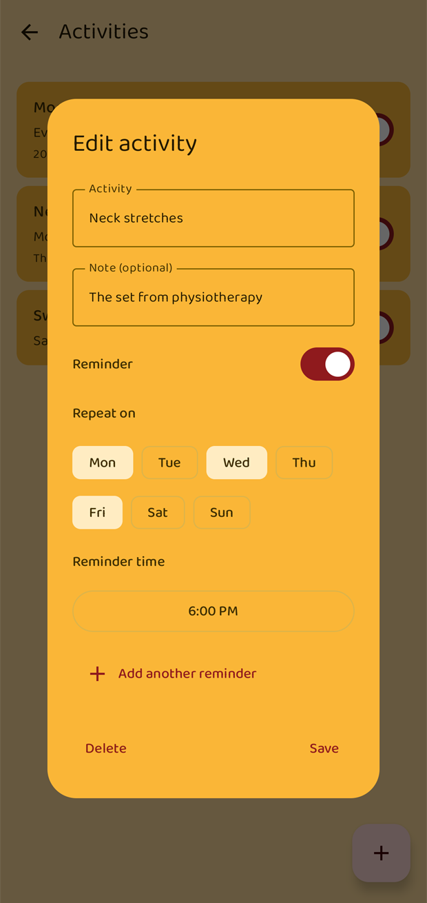 The Edit activity dialog with weekday selection