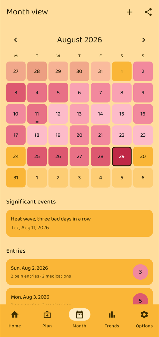 The month calendar coloured by daily pain level