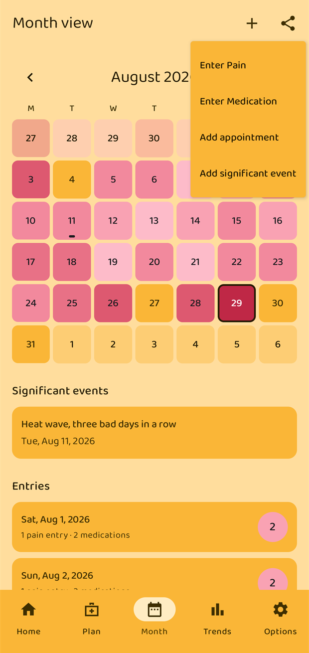 The add menu in the month view, including Add significant event