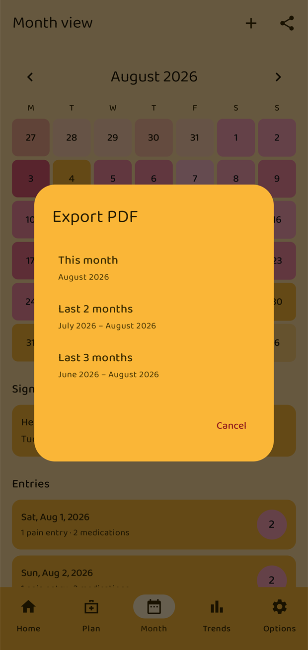 The Export PDF dialog offering this month, last 2 months and last 3 months