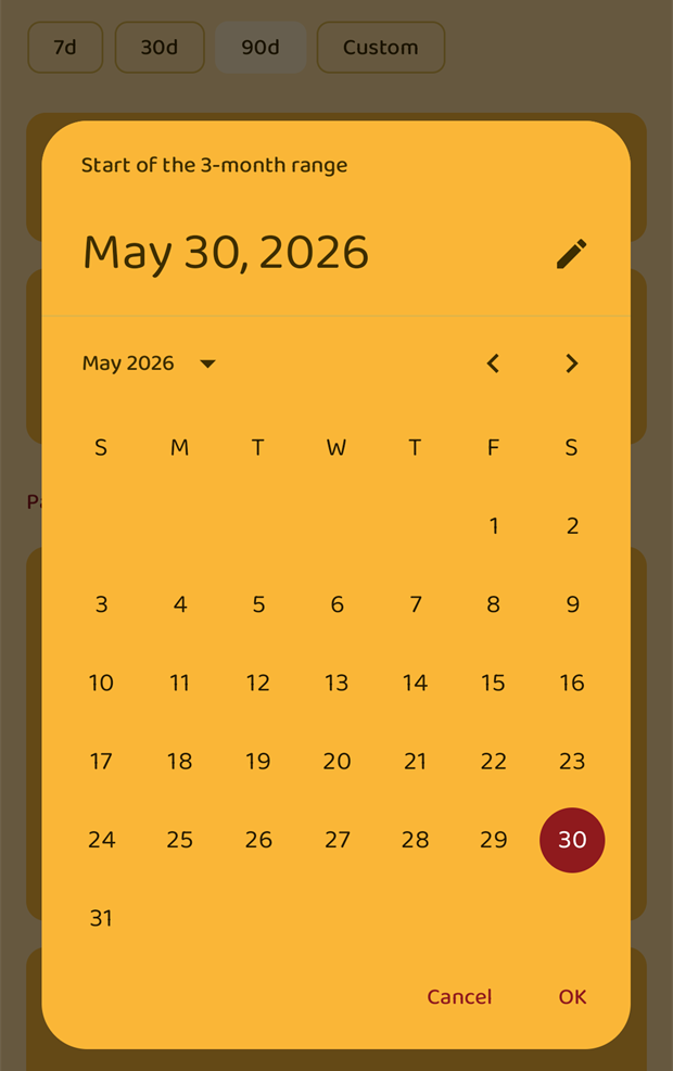 The date picker for the start of a custom three-month range
