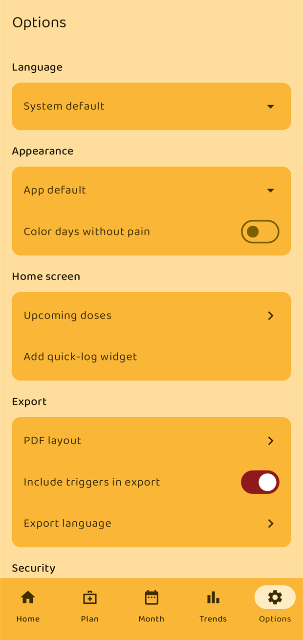 The top of the Options screen: Language, Appearance, Home screen, Export