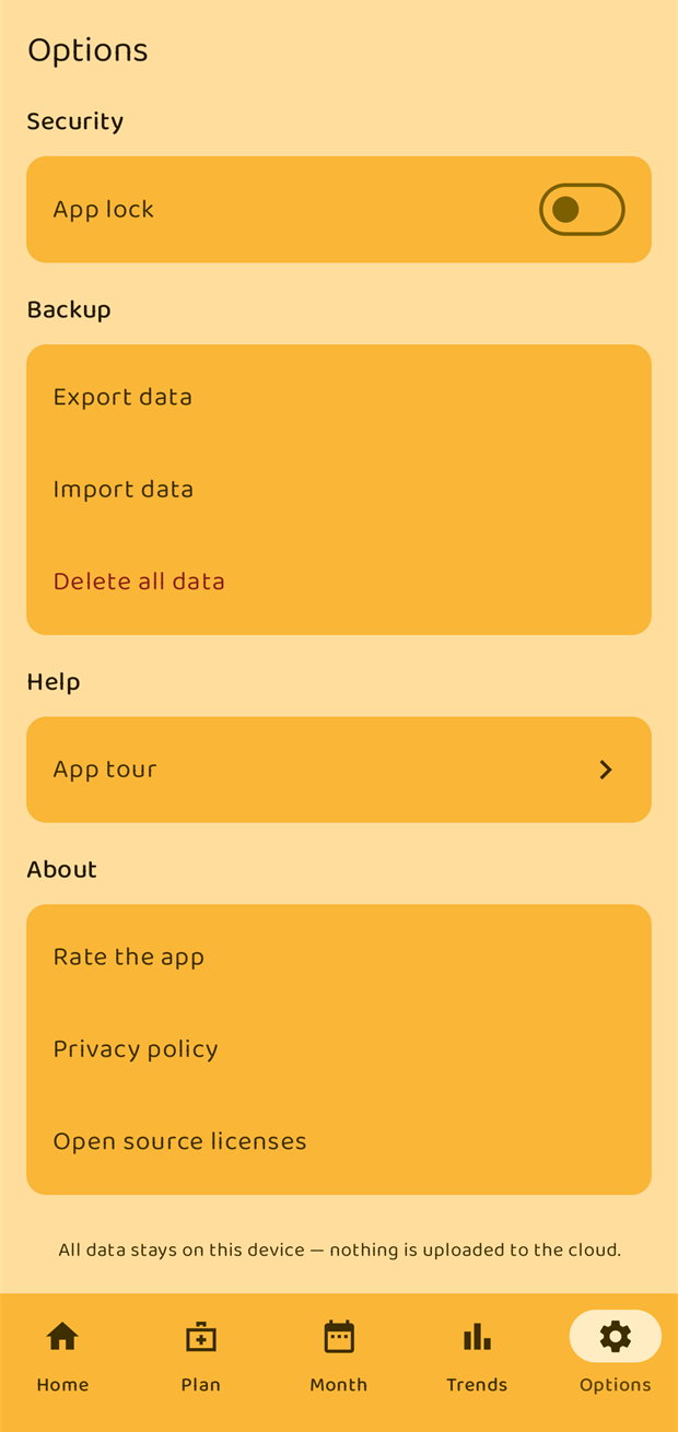 The rest of the Options screen: Security, Backup, Help, About