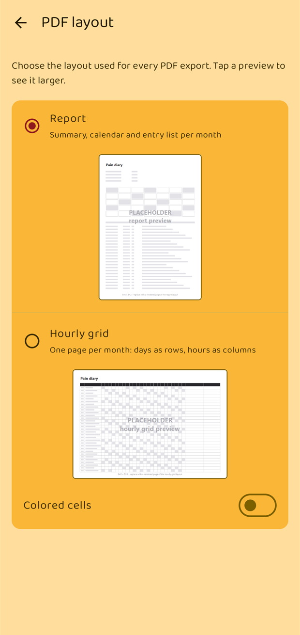 The PDF layout screen with Report and Hourly grid options