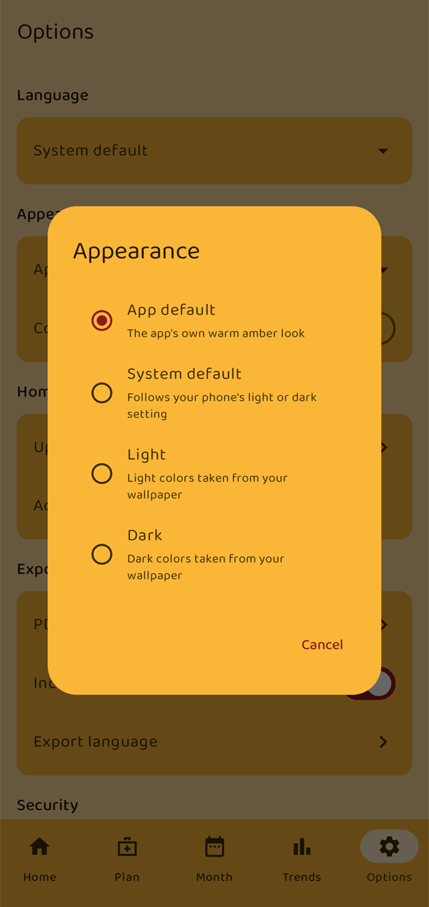 The Appearance dialog with four theme choices