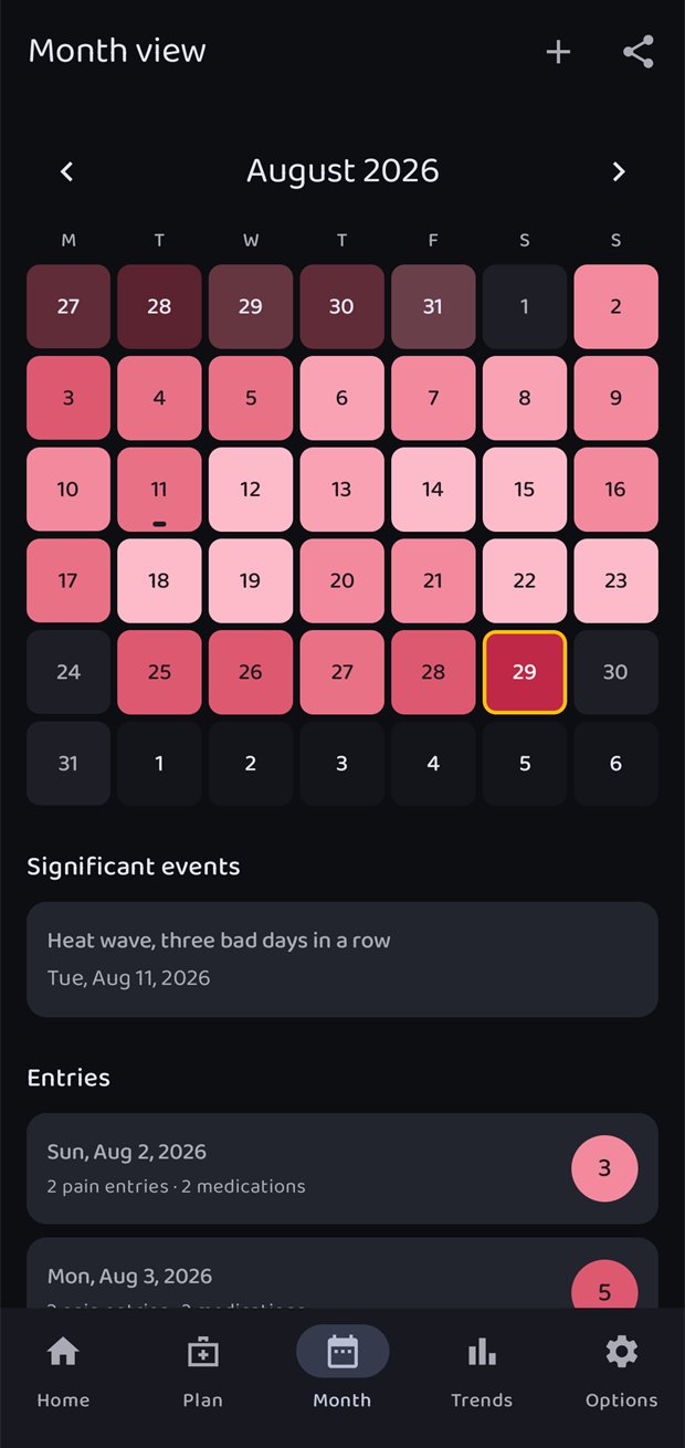 The month view in the dark theme