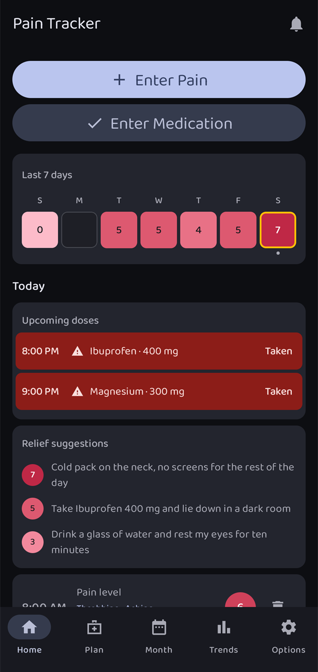 The Home screen in the dark theme