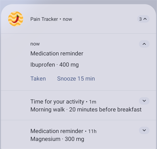 A medication reminder notification with Taken and Snooze actions