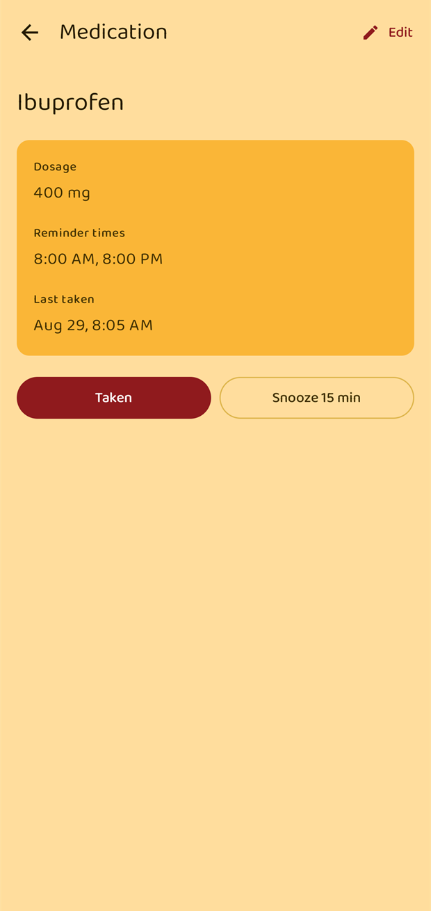 The medication detail page opened from a notification